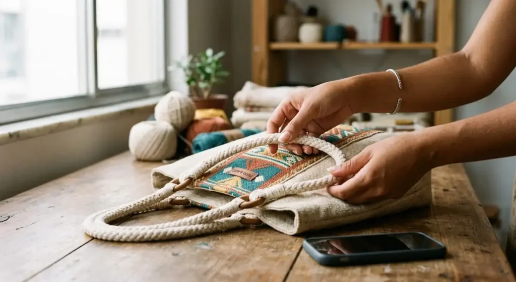 Como fotografar artesanato com celular - Bolsa posicionada a luz natural