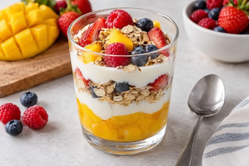 Copo de iogurte natural em camadas com manga, frutas vermelhas e aveia