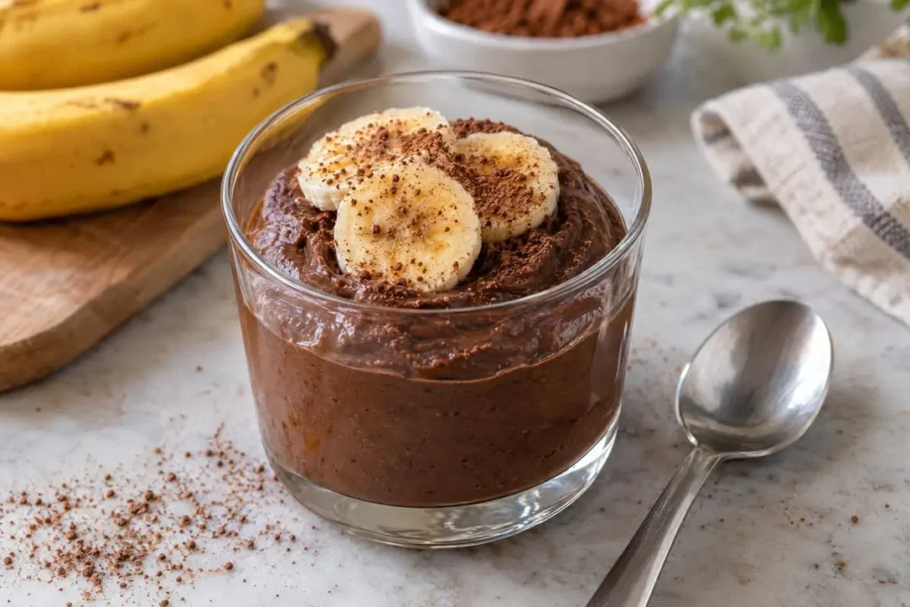 Mousse de banana madura com cacau sem açúcar em um copo de sobremesa