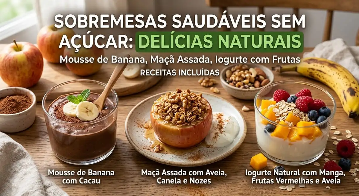 Mesa de madeira com 3 sobremesas saudáveis