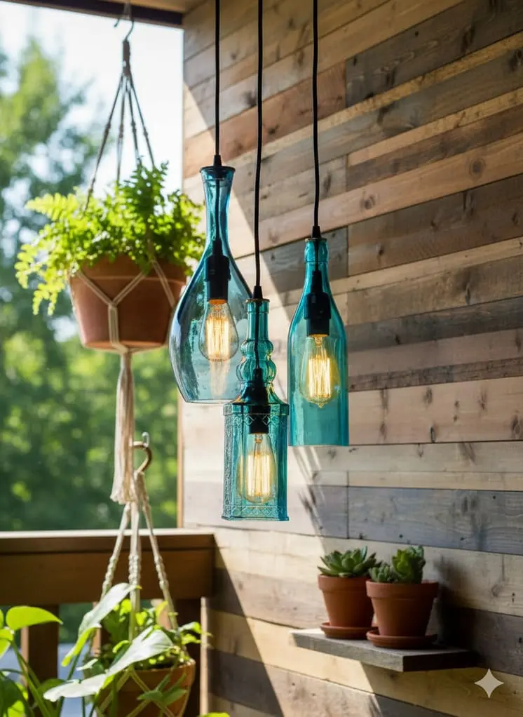 Tons de azul: charme, equilíbrio e inspiração para decorar e criar 15 Cortar garrafas de vidro e usar como luminárias