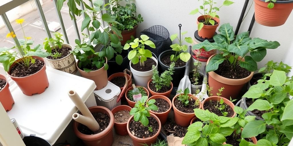 Como fazer uma horta em apartamento 4 Horta em apartamento com plantas e ferramentas.