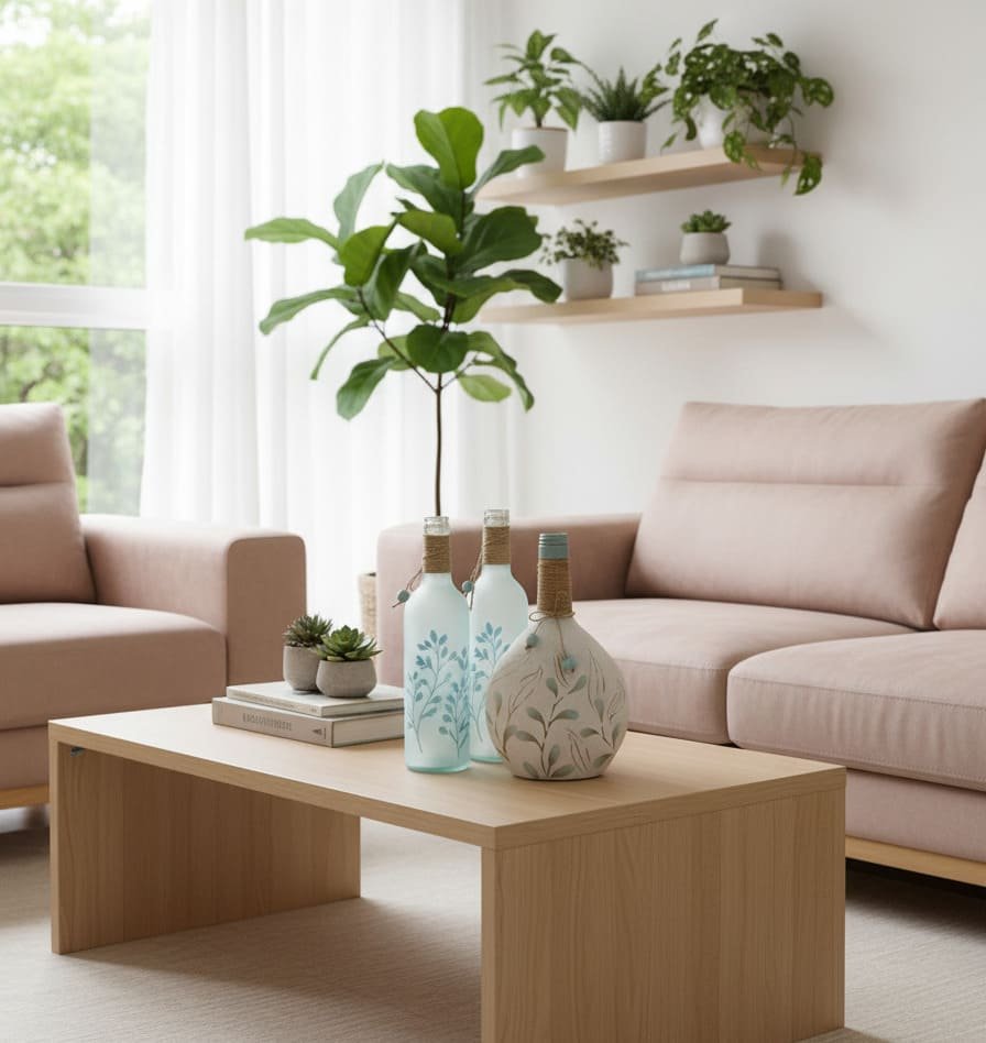 Tons de azul: charme, equilíbrio e inspiração para decorar e criar 12 Garrafas de vidro decoradas em tons de azul em centro de mesa