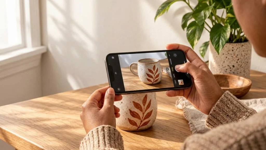 Mãos fotografando peça artesanal com celular perto de uma janela