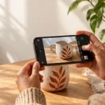 Mãos fotografando peça artesanal com celular perto de uma janela